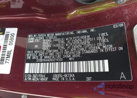2008 Toyota Sequoia Sr5 5.7L V8 z USA, uszkodzony, nr VIN 5TDBY64A08S014500